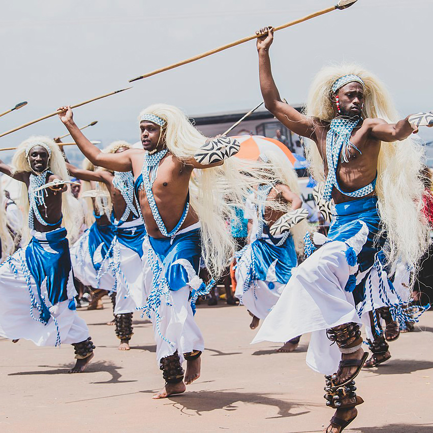 Rwandan men performing traditional dance called GUHAMIRIZA